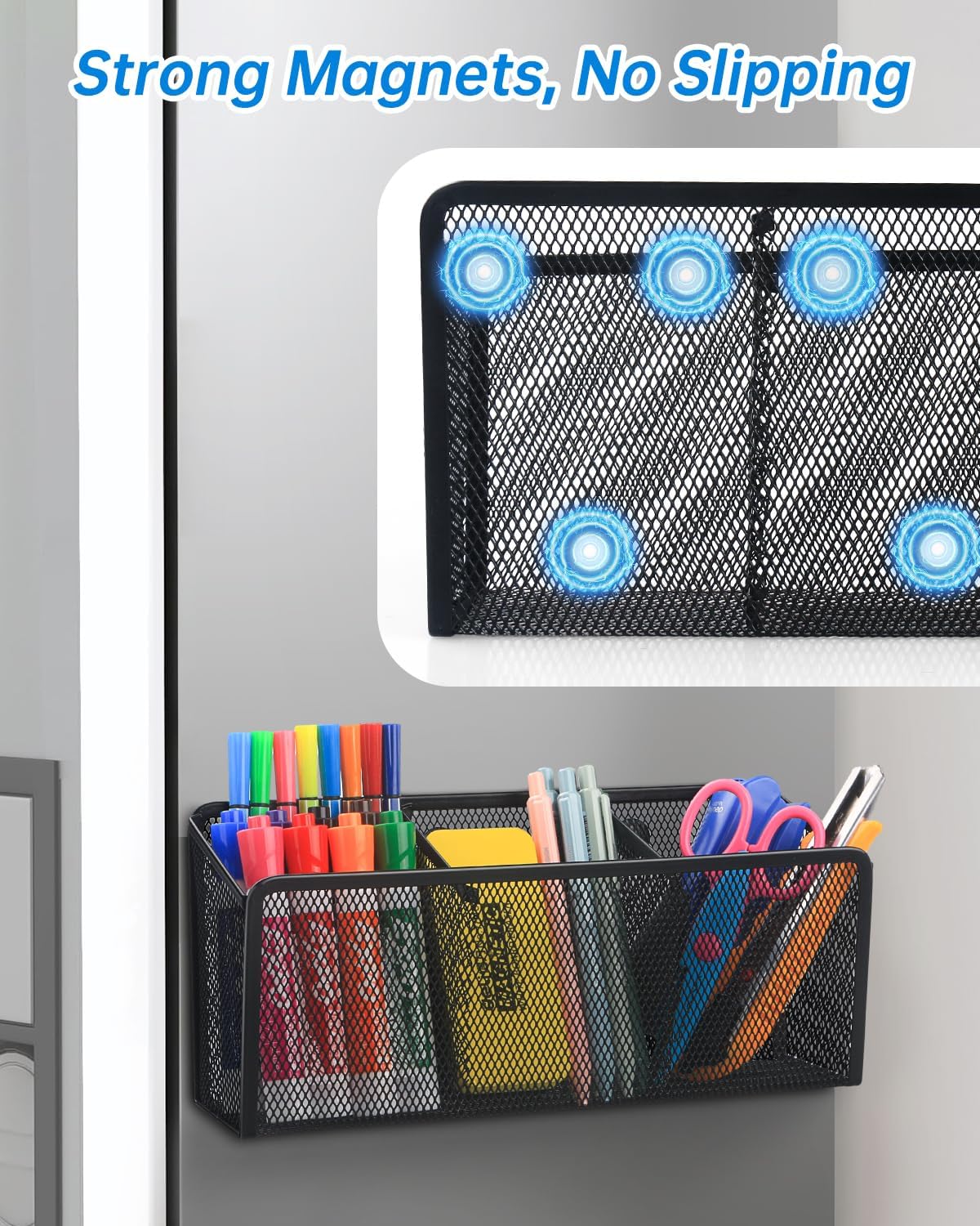 Magnetic Pen Holder, Metal Storage Basket with Strong Magnets | Organizer for Whiteboard Refrigerator Locker Accessories Teacher Must Haves Classroom Organization