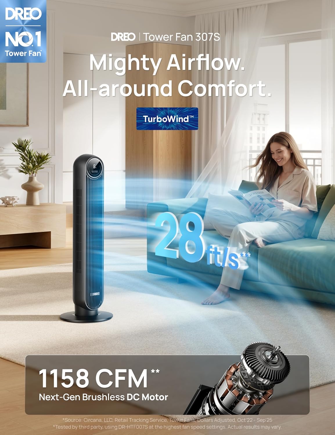 DREO Tower Fan for Bedroom, Upgraded 20dB Quiet Fans that Blow Cold Air | 28ft/s High Velocity, 9 Speeds, 4 Modes, 12H Timer, 90° Oscillating Cooling Standing Fan for Indoor Home Office, 42 inch