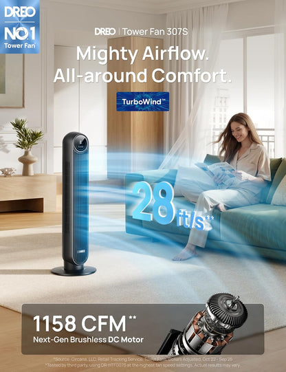 DREO Tower Fan for Bedroom, Upgraded 20dB Quiet Fans that Blow Cold Air | 28ft/s High Velocity, 9 Speeds, 4 Modes, 12H Timer, 90° Oscillating Cooling Standing Fan for Indoor Home Office, 42 inch