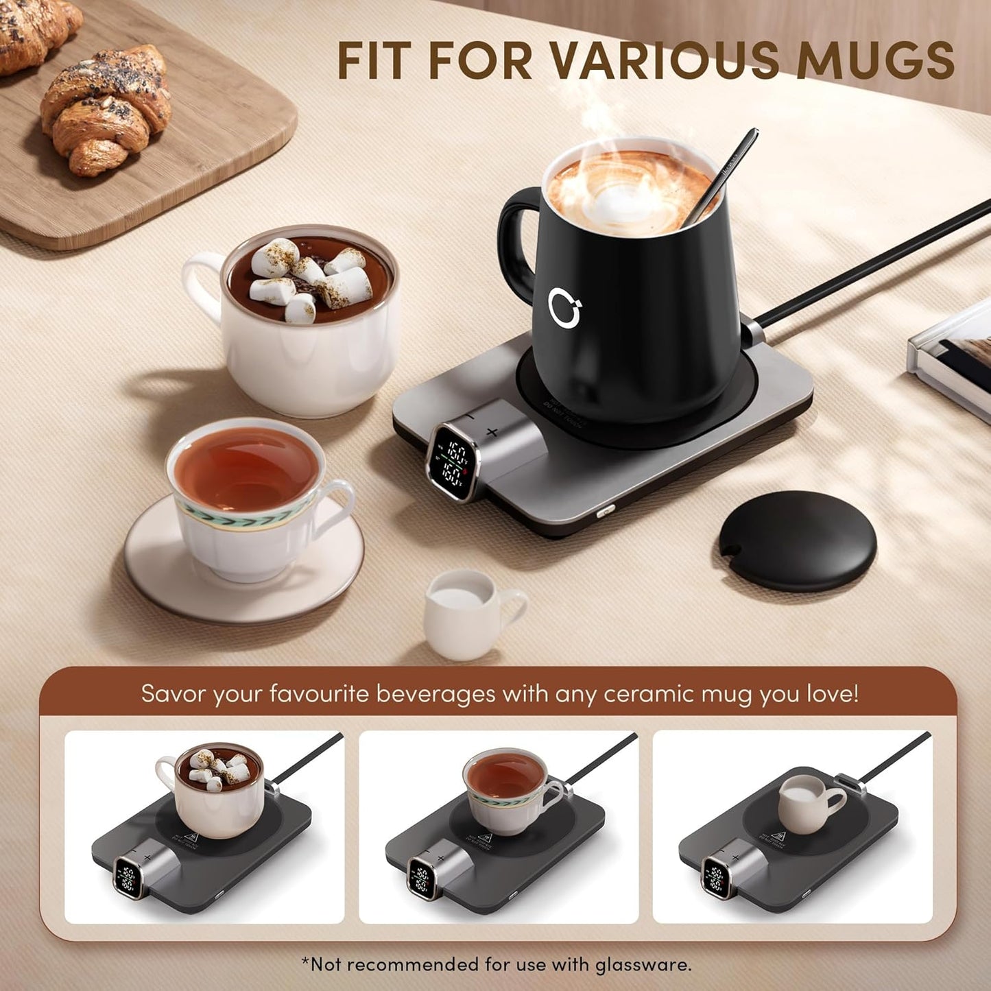 Coffee Cup Warmer & IKAGO Mug Set, 1℉ Precise Temp Control Mug Warmer | Auto Shut Off, Infrared Sensor, Dual Temp Display, ℉/℃ Optional, 15oz Mug with Spoon & Lid Included, Gifts for Men Women
