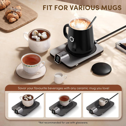 Coffee Cup Warmer & IKAGO Mug Set, 1℉ Precise Temp Control Mug Warmer | Auto Shut Off, Infrared Sensor, Dual Temp Display, ℉/℃ Optional, 15oz Mug with Spoon & Lid Included, Gifts for Men Women