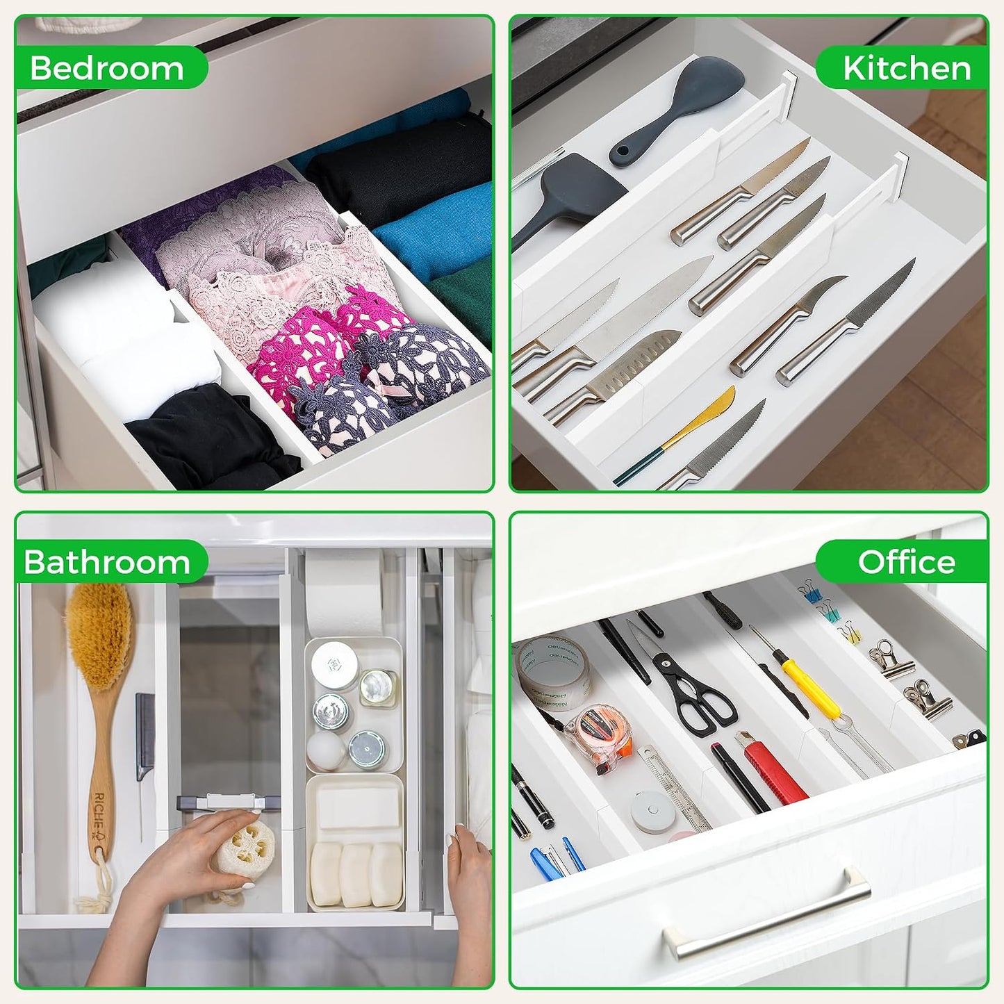 4 Pack Bamboo Drawer Dividers Organizer with Inserts 2.6'' High | Expandable from 12.5-21.7", Adjustable Drawer Organizer Separators for Utensils, Clothing, Office, Dresser, Bedroom, (Beige)
