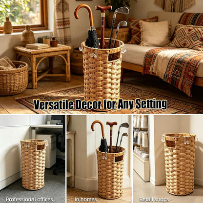 Rattan Umbrella Stand with Drip Tray - Hand Woven Entryway Umbrella Holder | Freestanding Small Rattan Rack Organizer with 4 Hooks for Folding Umbrellas & Canes, 7.5"L x 7.5"W x 16.5"H
