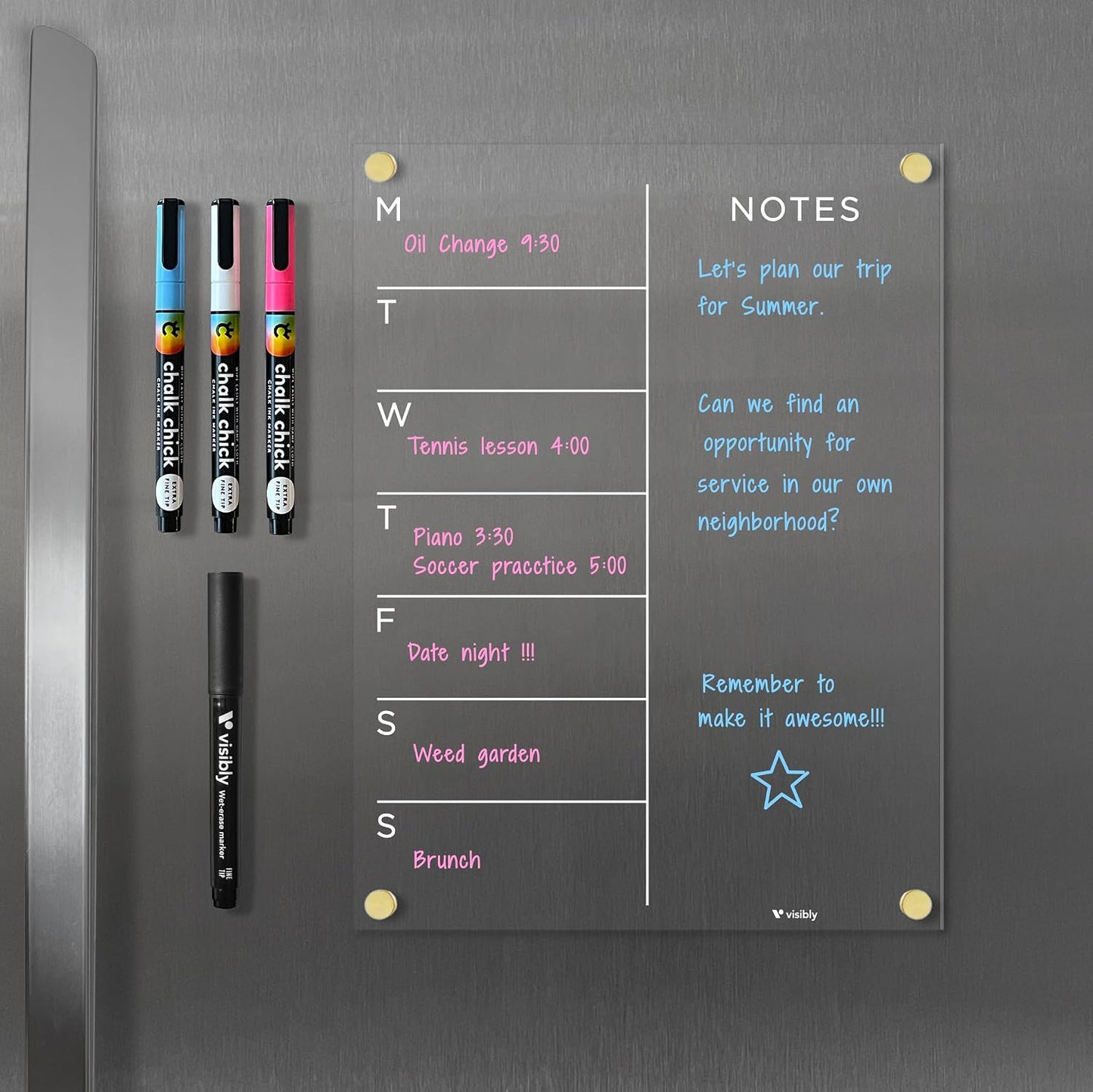 Magnetic Acrylic Weekly Planner for Fridge 9” x 12”, Clear Wet Erase Meal Planner & Notes Board, Refrigerator Organizer with 4 Magnetic Markers and Gold Corner Magnets