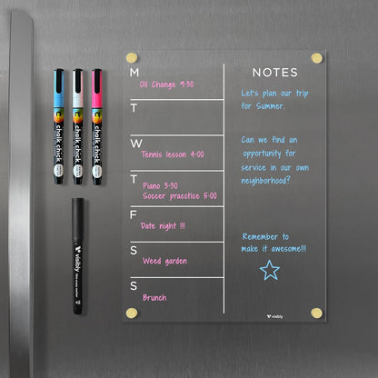 Magnetic Acrylic Weekly Planner for Fridge 9” x 12”, Clear Wet Erase Meal Planner & Notes Board, Refrigerator Organizer with 4 Magnetic Markers and Gold Corner Magnets
