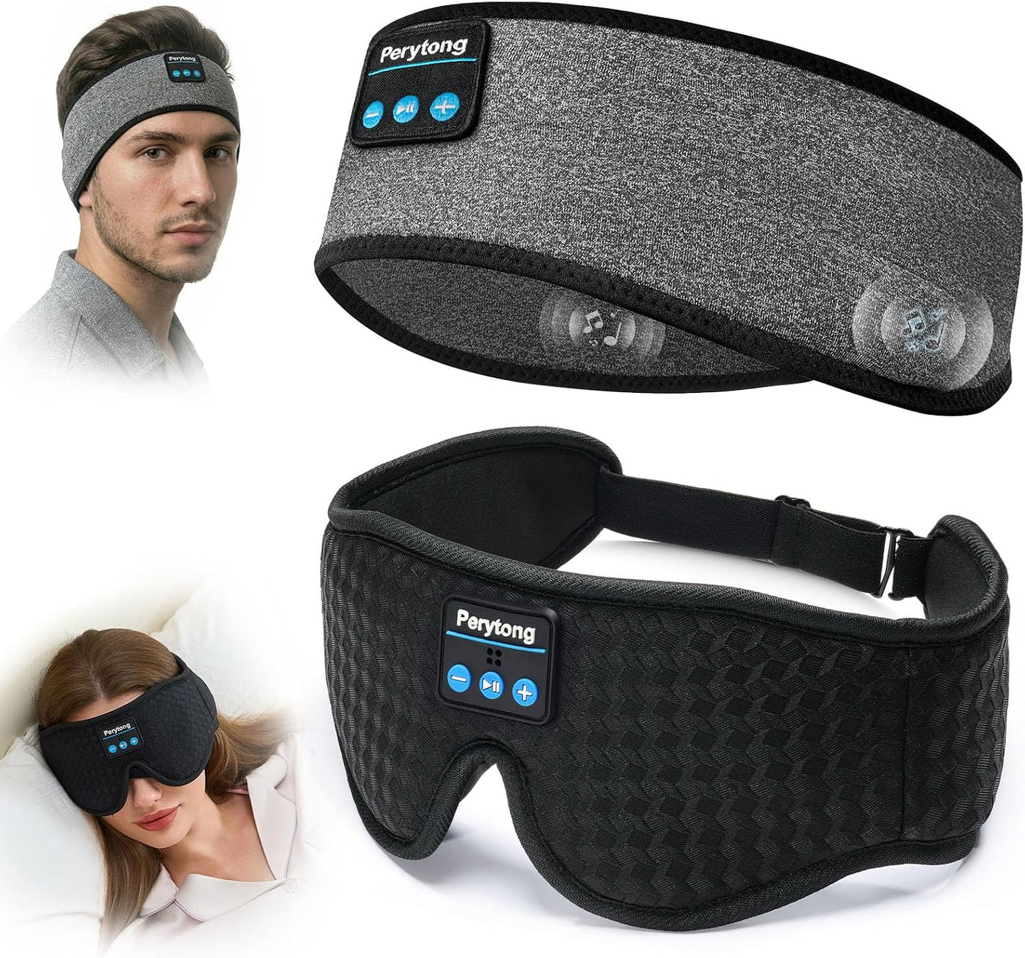 2-Pack Sleep Headphones & 3D Sleep Mask Set, Sleep Headband Headphone & Wireless Eye Mask with Ultra-Thin Speakers for Side Sleepers, Idea for Running, Workout, Insomniac, Travel, Meditation