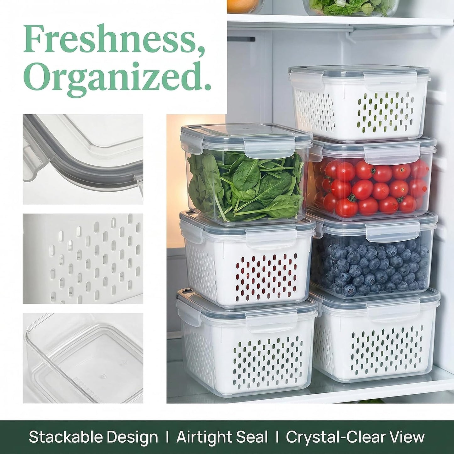 Fruit Storage Containers for Fridge, 4 in 1 Food Storage Container with Removable Colander, Airtight Produce Saver, Stackable Fridge Organizer for Wash, Drain & Store (Gray, S)
