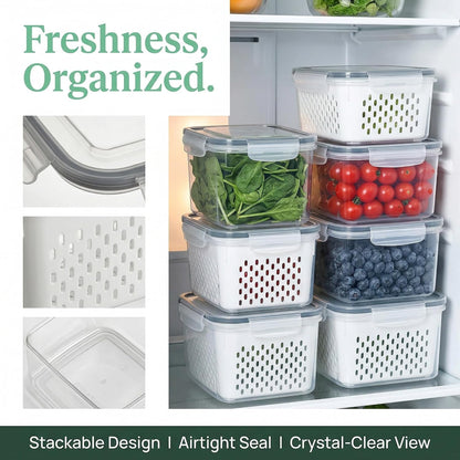 Fruit Storage Containers for Fridge, 4 in 1 Food Storage Container with Removable Colander, Airtight Produce Saver, Stackable Fridge Organizer for Wash, Drain & Store (Gray, S)
