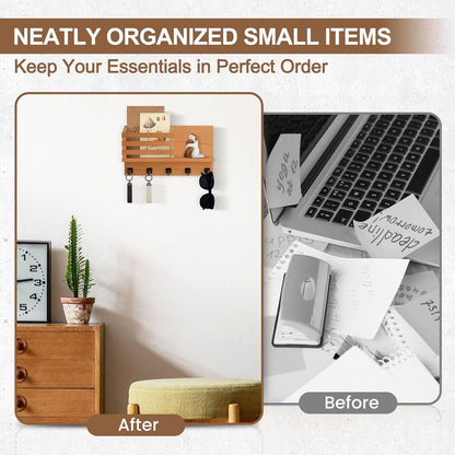 Key Holder Wall Mount, Mail Organizer for Wall with 5 Square Key Hooks | Key Holder for Wall, Key Holder with Shelf Farmhouse Home Decor for Home Entryway
