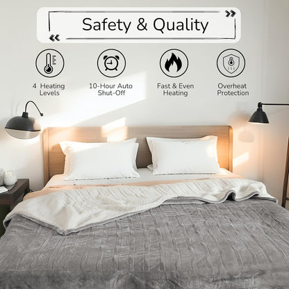 Electric Heated Blanket Full Size 72"x84" – Light Gray | ETL for Safe Overnight, 4 Heat Settings & 10H Auto Off, Dual-Sided Microplush Sherpa for Home Night, Machine washable