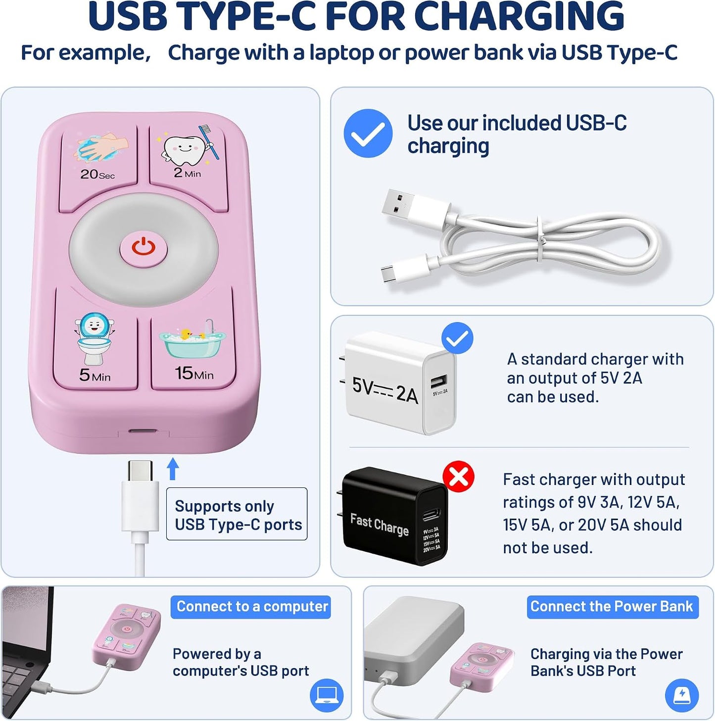 Kids Timer for Tooth Brushing, Washing, Toilet & Shower Pink | 4-in-1 Multi-Function Timer | Time Management Tool | USB-C Rechargeable | Gift for Home Learning | One-Touch Preset Buttons