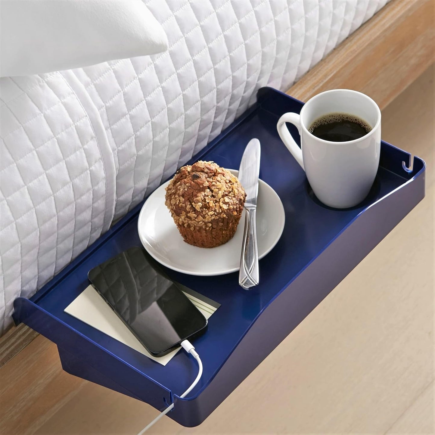 Modern Innovations Bedside Shelf for Bed, College Dorm Room, Bunk Bed Shelf/Caddy for Top Bunk, Clip On Nightstand Tray with Cord and Cup Holder for Table Storage (Black)