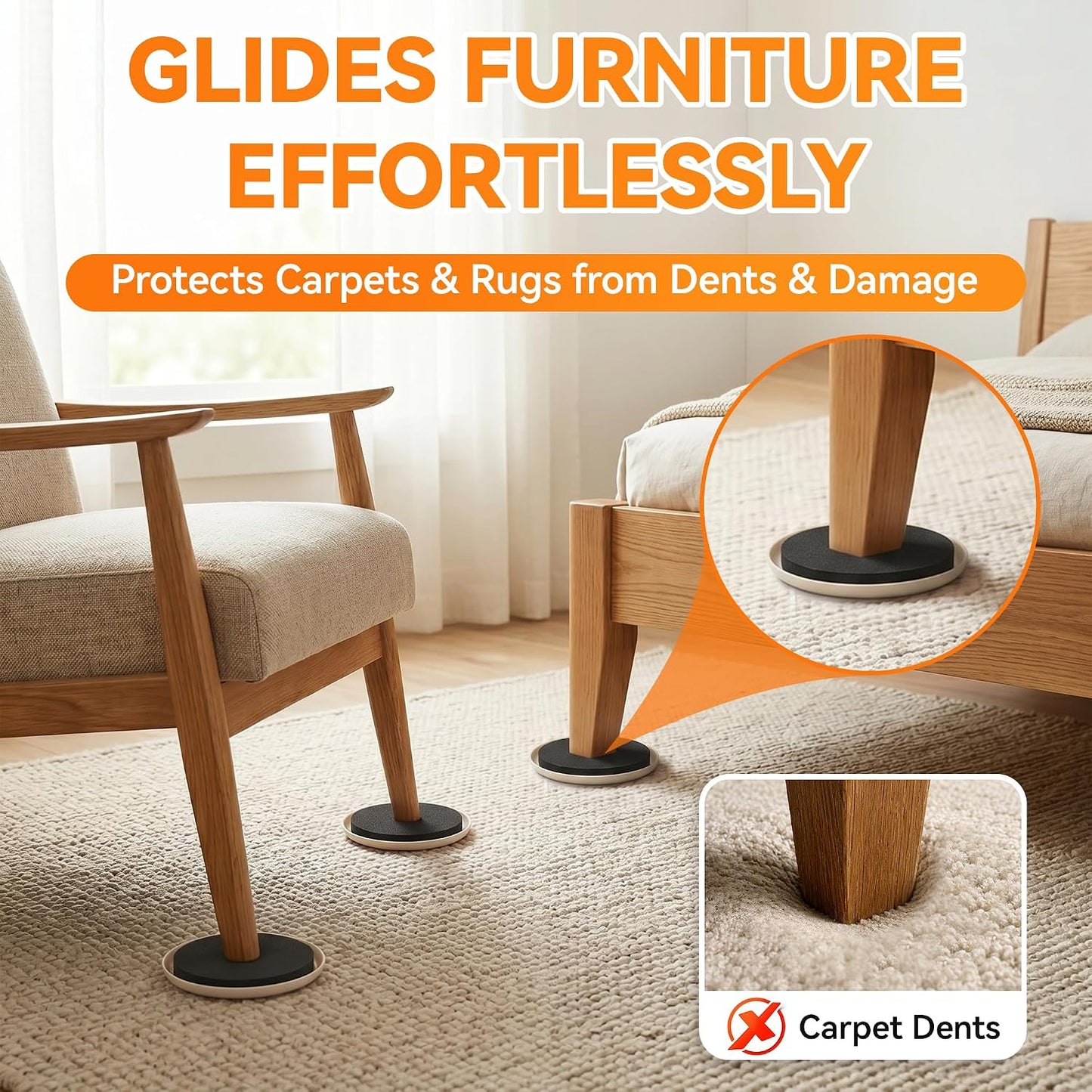 Furniture Sliders Plastic Sliders for Carpet and Hardwood Floors, Reusable Furniture Moving Pads, Chair Legs Floor Protectors, Easy Move Heavy Furniture (Beige, 16 Plastic 3 1/2” Slides)