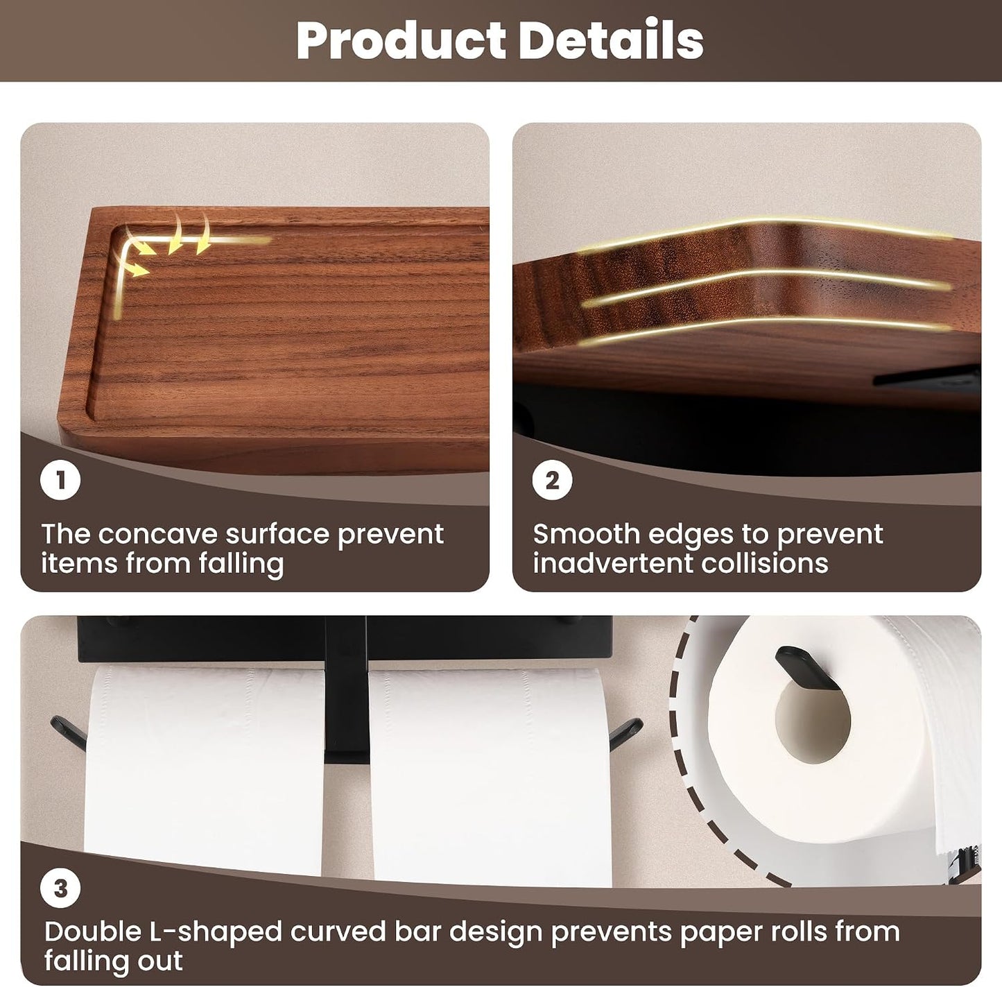 Toilet Paper Holder Walnut Wood Shelf - Wall Mount & Self-Adhesive | Bathroom Tissue Holder, Black Stainless Steel with Walnut Shelf for Phone - Home Apartment Restroom Decor Essentials