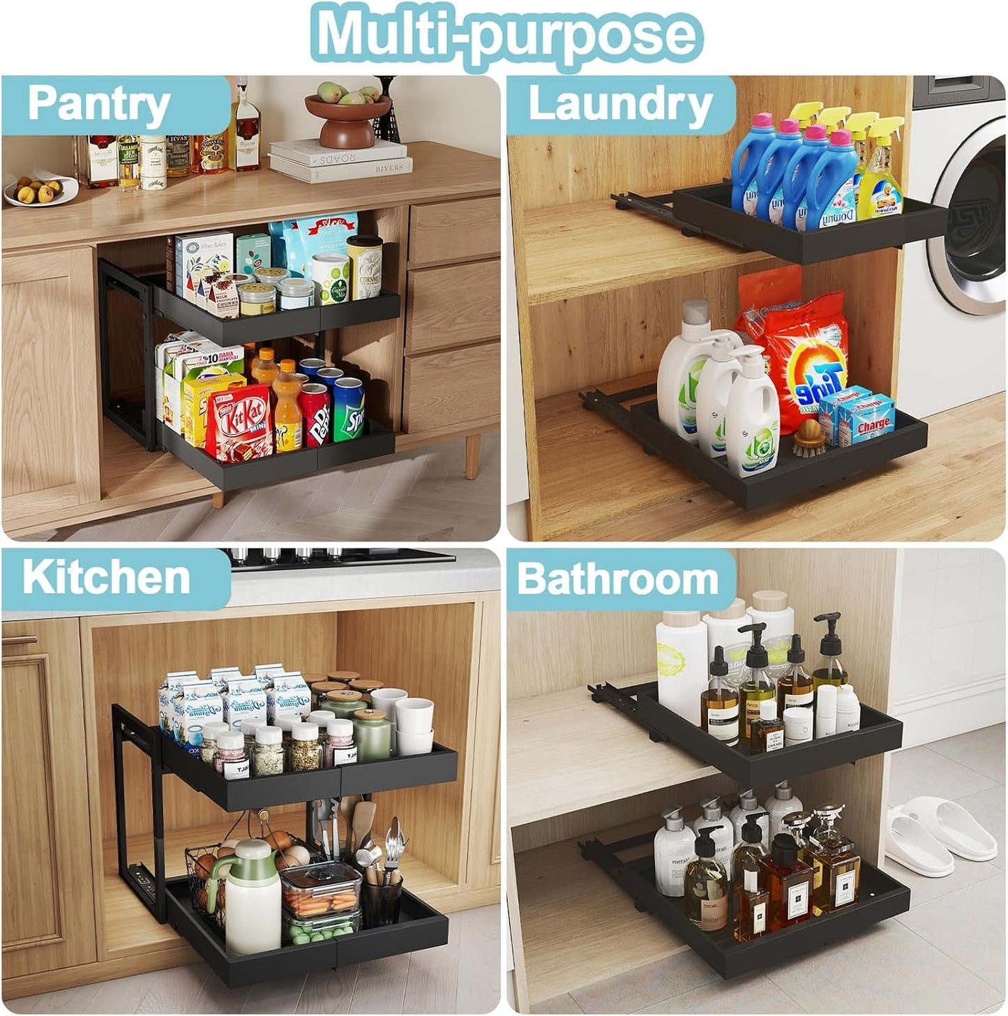 Golener 2-Tier Expandable Pull Out Cabinet Organizer, Cabinet Drawers, 16"D | Cabinet Pull Out shelves, Adjustable Pantry Drawers, Slide Out Drawers for Kitchen Cabinets, Under Sink Organizer, Black