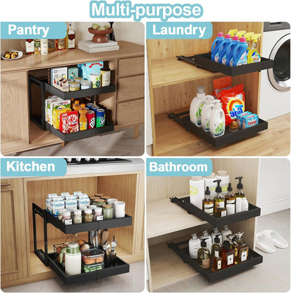 Golener 2-Tier Expandable Pull Out Cabinet Organizer, Cabinet Drawers, 16"D | Cabinet Pull Out shelves, Adjustable Pantry Drawers, Slide Out Drawers for Kitchen Cabinets, Under Sink Organizer, Black
