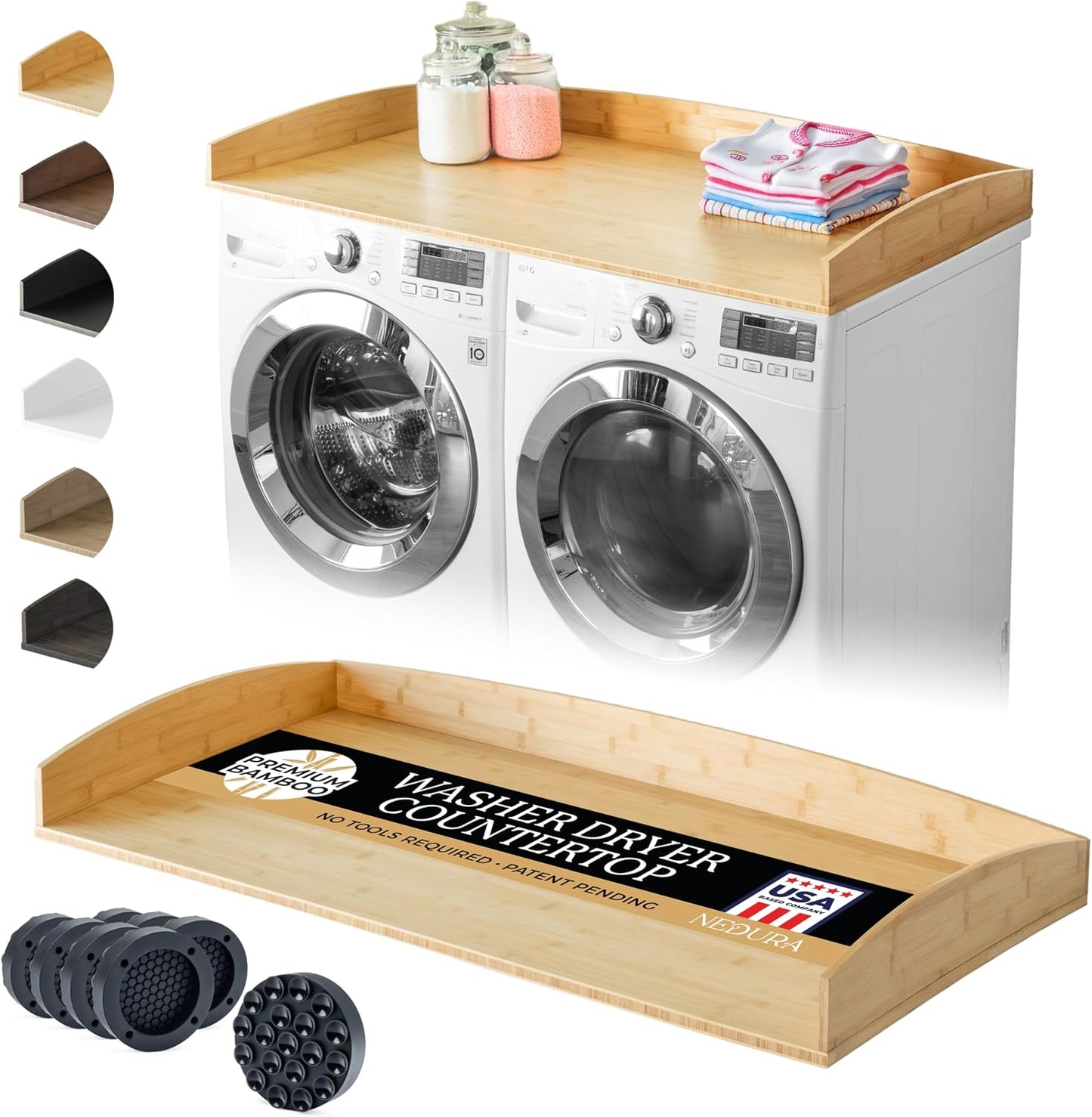 Nedura Washer Dryer Countertop with Anti-Vibration Pads, Curved Edge Rails, Premium Bamboo Laundry Countertop, Washer Dryer Topper, Laundry Room Organization, Laundry Room Accessory – Dark Walnut