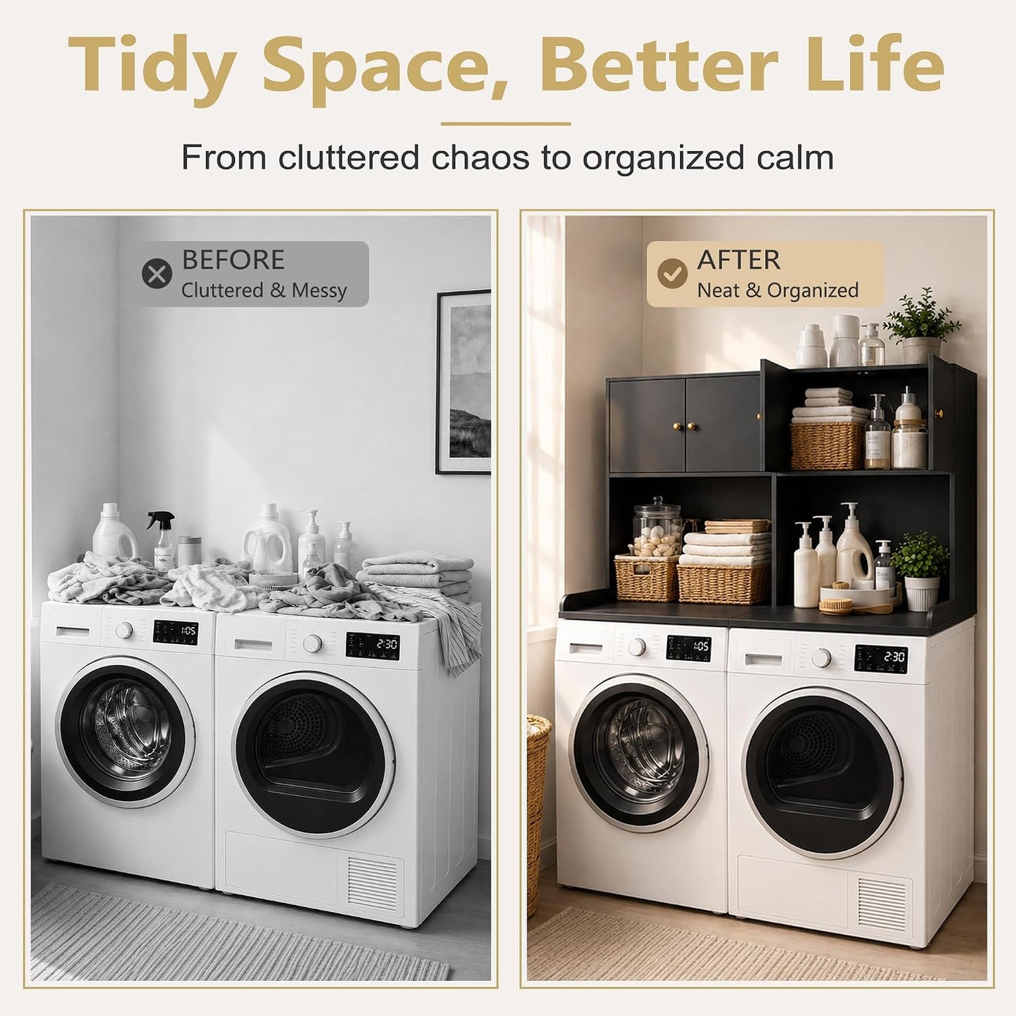 Washer Dryer Countertop with Cabinets, 2-Tier Laundry Countertop with Shelf | Washer and Dryer Topper with Edge, Over Washer and Dryer Shelves for Laundry Room, Universal Fit, 54.5"Wx27.5"Dx32.5"H