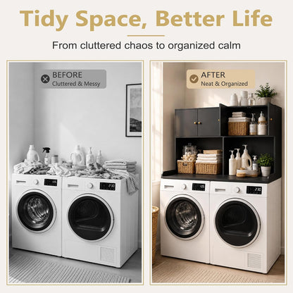 Washer Dryer Countertop with Cabinets, 2-Tier Laundry Countertop with Shelf | Washer and Dryer Topper with Edge, Over Washer and Dryer Shelves for Laundry Room, Universal Fit, 54.5"Wx27.5"Dx32.5"H