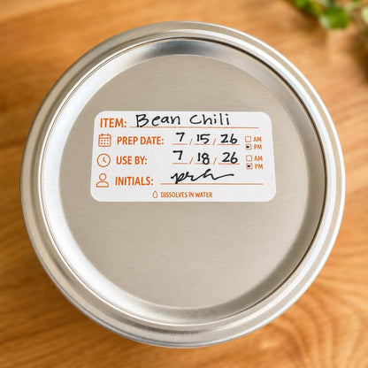 Water Dissolvable Prep & Use By Food Labels, 1 x 2, 500/Roll | Writable Rotation Stickers with Item, Date, AM/PM and Initials for Restaurants, Kitchens, Freezers and Storage. Made in USA