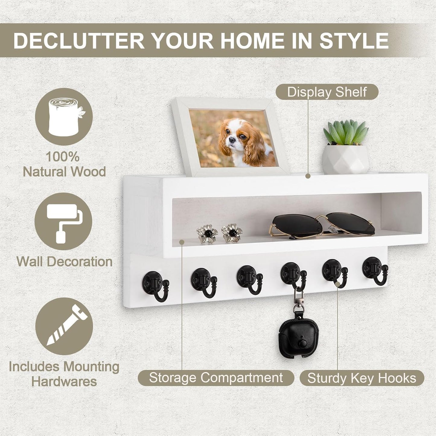 Key and Mail Holder Wall Mount with Long Storage Box and 6 Hooks | Key Holder For Coat, Dog Leash, Home Decor Rack, Entry Way Organizer