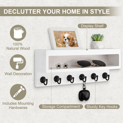 Key and Mail Holder Wall Mount with Long Storage Box and 6 Hooks | Key Holder For Coat, Dog Leash, Home Decor Rack, Entry Way Organizer