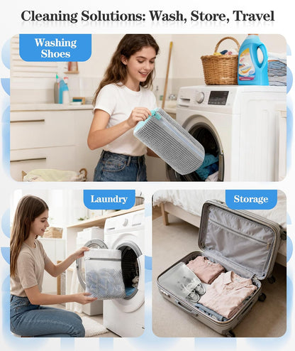 3-IN-1 Laundry & Shoe Washing Machine Bag : Laundry Shoe Bag for Washer & Dryer,Shoe Cleaning Bag for Sneakers,Tennis,Self-locking Zipper & Microfiber,Include 3 Laundry Bag & 2 Shoe Bag