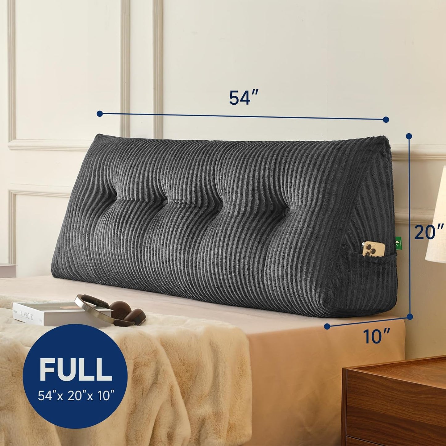 Z-hom Headboard Pillow, Wedge Backrest Cushion, Queen Size,NO Roll Pillow | Grey Triangular Backrest Cushion Equipped,NO Roll Pillow,Ideal for Reading,Sitting Up in Bed&Filling Headboard Gaps