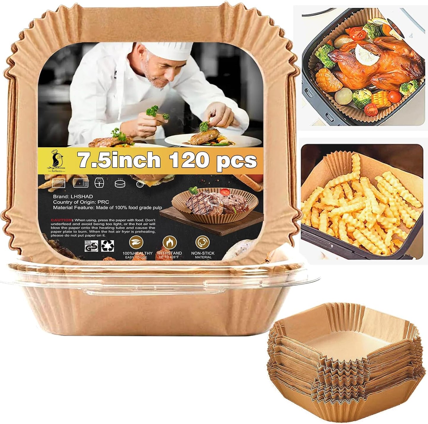 Air Fryer Liners Disposable 9 Inch, 9 inch Air Fryer Liners 125 Pcs Large Square Air Fryer Paper Liners for 5QT 6qt 8QT Air Fryer, Non-stick Parchment Paper for Frying, Baking