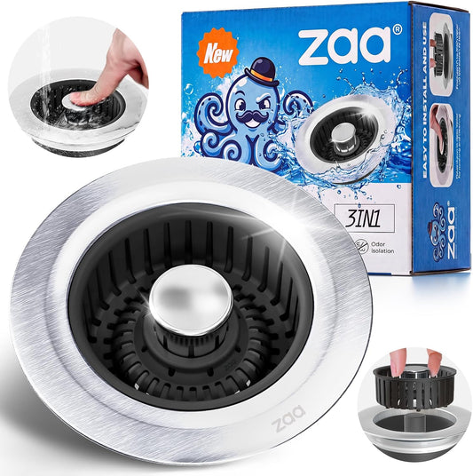 3 in 1 Kitchen Sink Drain Strainer Stopper Removable Basket Pop-Up | Kitchen Sink Accessories 1 Pack Black Stainless - Food Catcher, Odor-Blocking Seal, Fits 3.5" Drain, Easy Clean