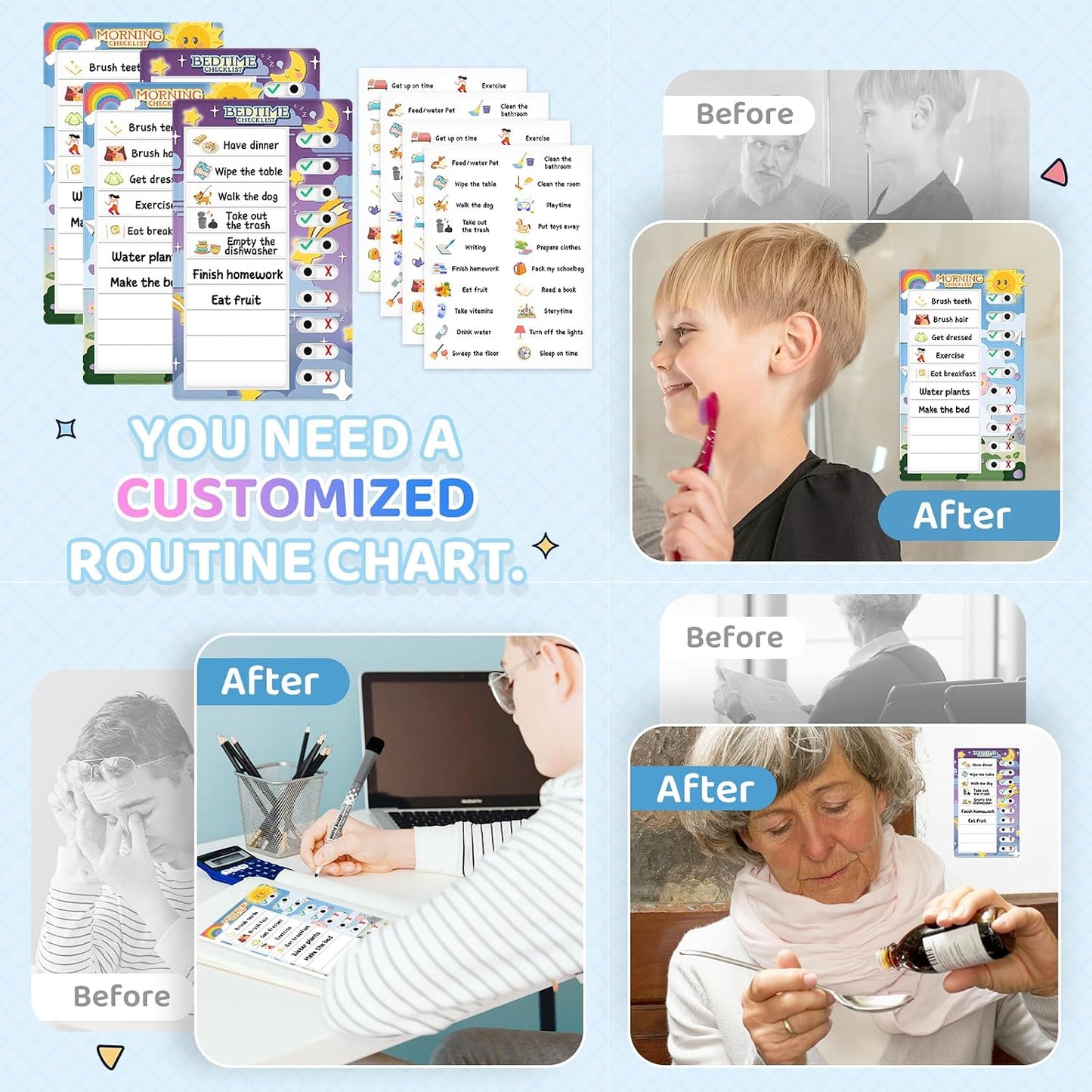 Chore Chart for Kids: Dry Erase to Do List, Morning/Bedtime Routine Chart, Magnetic Checklist, Toddler Visual Schedule, Daily Behavior Chart for Fridge