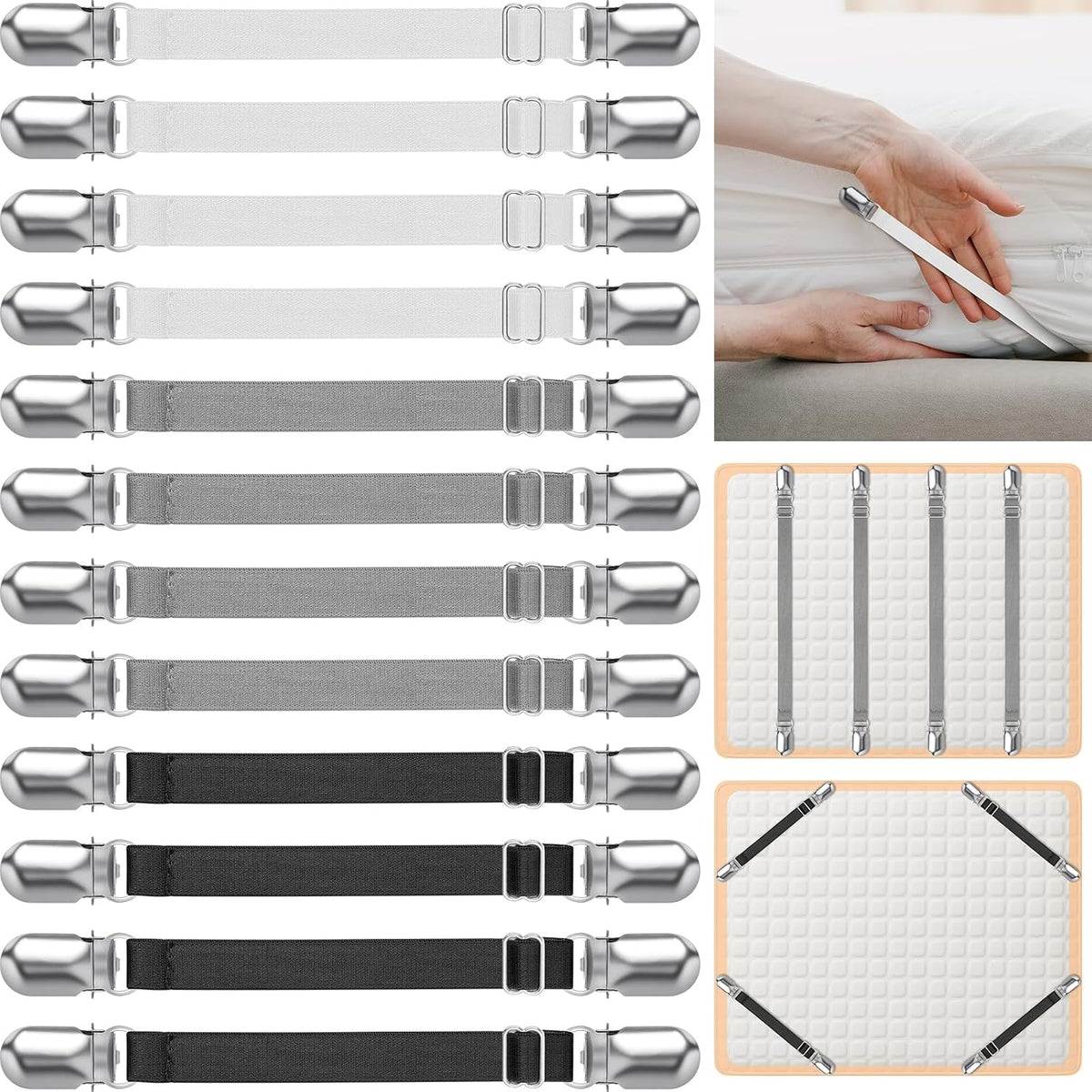 Boao 12 Pcs Bedsheet Strap Elastic Clip, White, 4-8 Inch Length