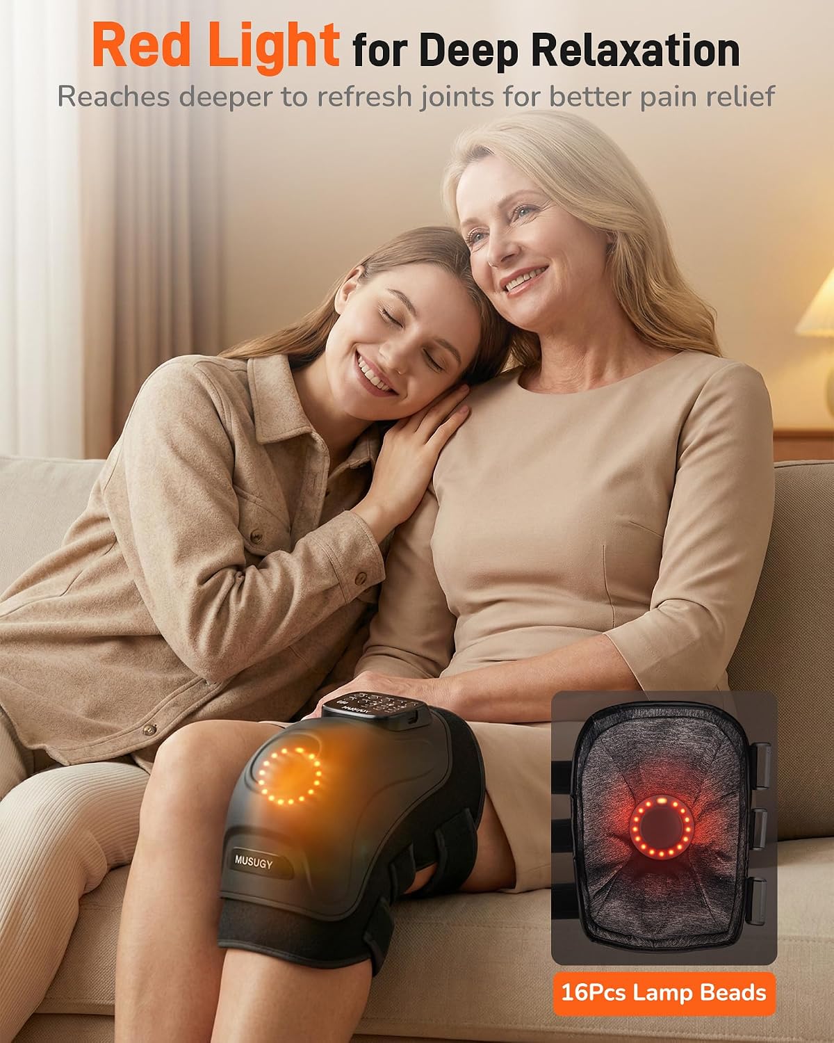 Knee Massager with Heat and Red Light Therapy : 4-in-1 Compression Massage with 14 Chambers & Vibration for Pain Relief, Cordless Home Office Use for Seniors and Active Adults, 5000mAh