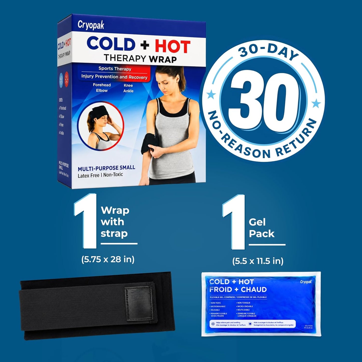 Cold and Hot Therapy Wrap, Black, Latex-Free, Non-Toxic, for Back, Abdomen, Hip, Sports Injury Prevention, Recovery (Back/Abdomen). kit Includes Flexible Gel Compress, Sleeve and Strap.
