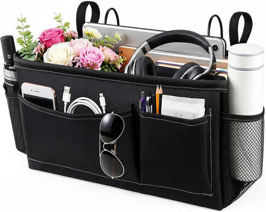 Bedside Caddy for Dorm Bed, Bedside Storage Bag Hanging Organizer | Metal Frame, Water-Resistant Lining, Fits Bed Rails up to 2.2 In, Adjustable Straps, Bunk and Hospital Beds(1 Pack, Black)