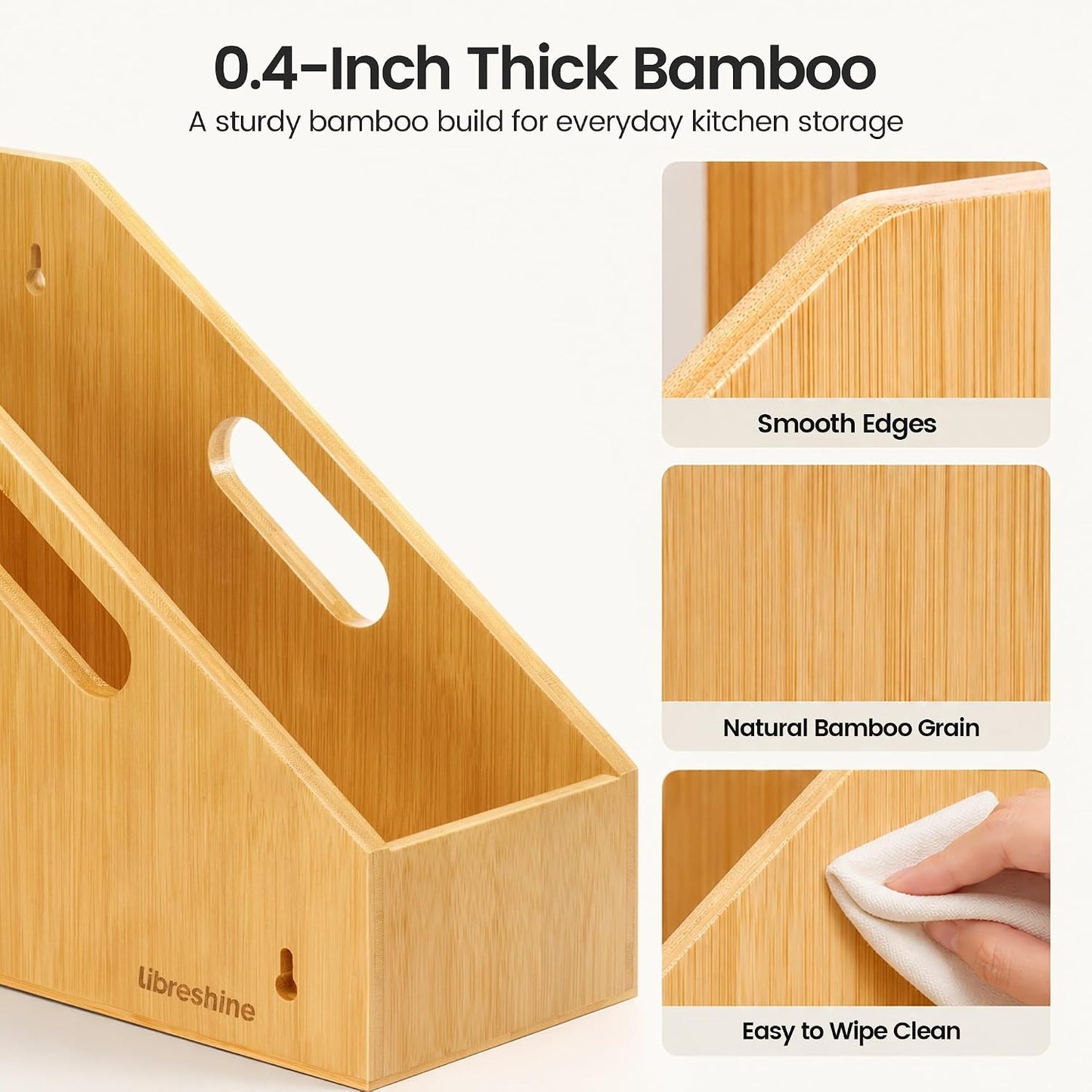 Slim Bamboo Cutting Board Holder & Baking Sheet Organizer | Open-front design keeps small to medium boards and bakeware upright; size: 12.6 x 4.9 x 10.5 in. Measure before purchase