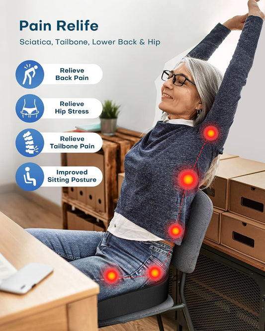 Ergonomic Seat Cushion - Hollow Memory Foam Tailbone Cushion | for Office Chair, Car Seat and Wheelchair - Wedge Chair Pad for Tailbone Pain Relief Hip & Lower Back Comfort, Black