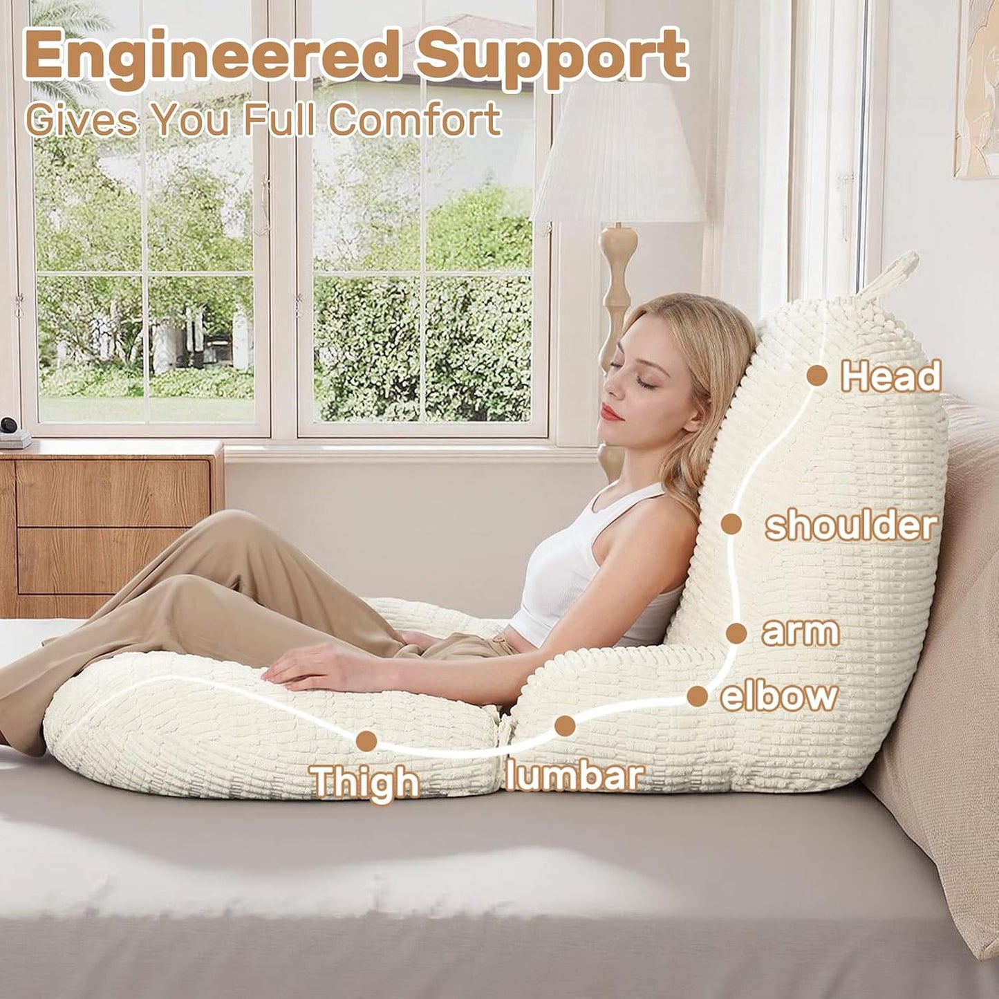 Reading Pillow for Bed, Backrest Pillow with Arms for Adult | Bed Pillow for Sitting Up, Back Support Pillows for Sleeping, Reading and Gaming with Shredded Memory Foam, Gray