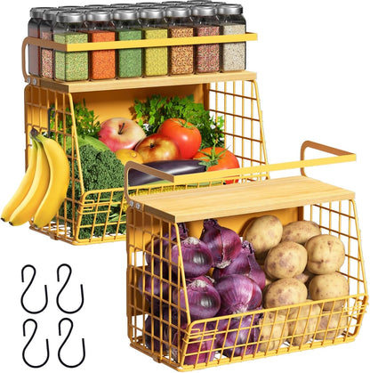 Magnetic Shelf for Fridge with Wood Lid, Fruit Potato and Onion Storage Bins, Pantry Organizers & Storage, Large Container Magnetic Spice Rack for Refrigerator, Kitchen Counter, Cabinet | Strong magnet holds 50lbs, ventilated bin for produce, versatile