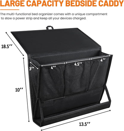 AKAYOK Bedside Caddy Hanging Bed Organizer Storage Bag Pocket with Power Strip Holder Multi-functional Organizer Caddy for Remotes Phone Glasses Magazines, Tablets, Accessories (7 pocket)