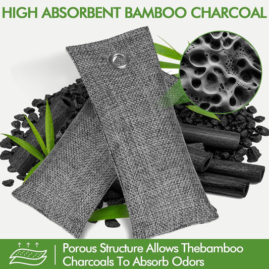 20 Pack Activated Charcoal Odor Absorber with 10 Pcs Hooks, Bamboo Charcoal air purifying Bags (50g/ Each), Shoe Deodorizer Odor Eliminator for Strong Odor, Car, Home, Pet, Closet