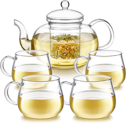 Teabloom Heatproof Glass Teapot Set with Removable Loose Tea Infuser (Standard Size: 32oz/946ml) and Four Borosilicate Glass Teacups (7oz/207ml) - Lead-free Complete Tea Set