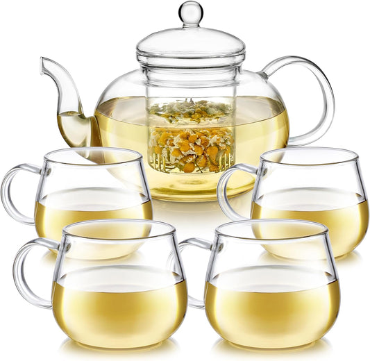 Teabloom Heatproof Glass Teapot Set with Removable Loose Tea Infuser (Standard Size: 32oz/946ml) and Four Borosilicate Glass Teacups (7oz/207ml) - Lead-free Complete Tea Set