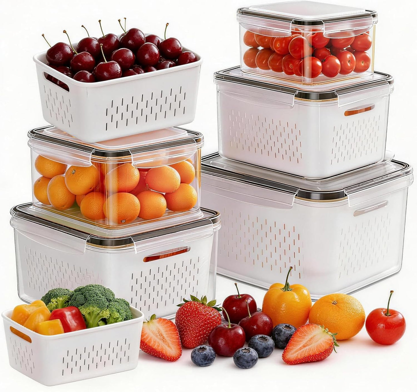 5 Pack Fruit Storage Containers for Fridge, Plastic Fruit Containers Set | with Removable Colanders, Leakproof Fridge Organizers and Storage for Berry Vegetables Salad Lettuce Meat, Dishwasher Safe