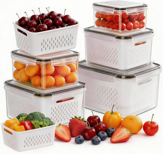5 Pack Fruit Storage Containers for Fridge, Plastic Fruit Containers Set | with Removable Colanders, Leakproof Fridge Organizers and Storage for Berry Vegetables Salad Lettuce Meat, Dishwasher Safe