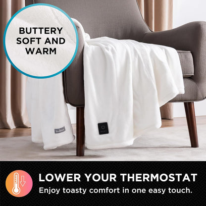 Brookstone Electric Heated Plush Throw - Heated Blankets - 4 Heat Settings, 4-Hour Auto Shut Off, 100% Polyester, 50"x60" - Blue Trellis