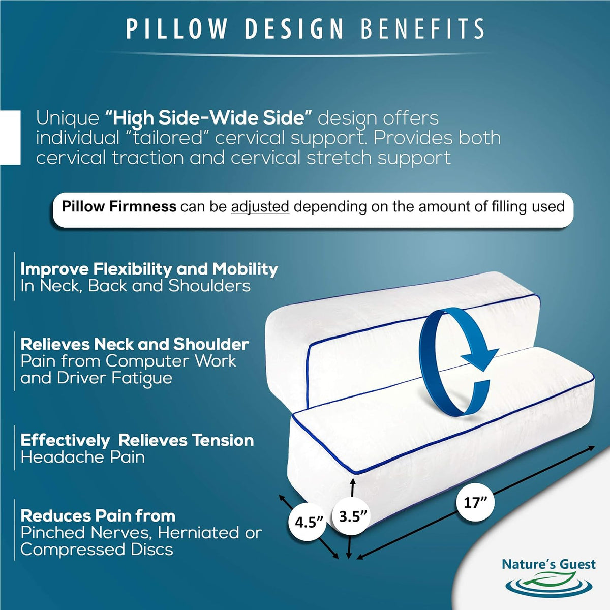 Nature's Guest Adjustable Cervical Neck Roll Bolster Pillow for Sleeping, Neck Pain Relief, Spine Support, Travel, Leg Support, Pregnancy, Cotton Cover, Hypoallergenic Microfiber Fill