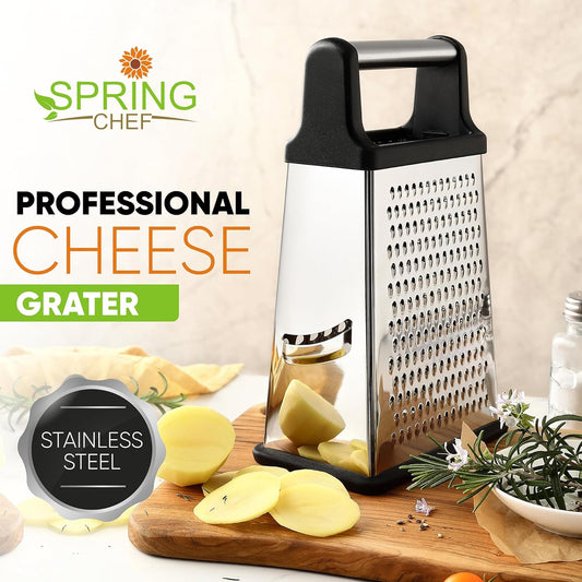 Spring Chef Stainless Steel XL Cheese Grater for Kitchen, Green | 4 Sided Manual Metal Box Grater for Carrot, Potato, Cabbage, Cheese Shredder, Professional Vegetable Grater, Dishwasher Safe
