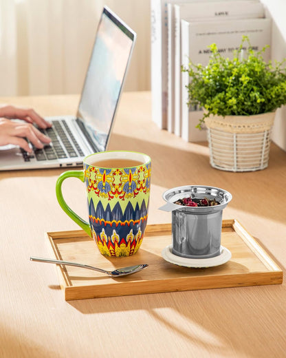 vancasso 18 Oz Tea Infuser Mug with Lid, Mint Petal Whirl | Eye catching Bohemian pattern, adds charm to any tea corner, ceramic mug with infuser, microwave and dishwasher safe