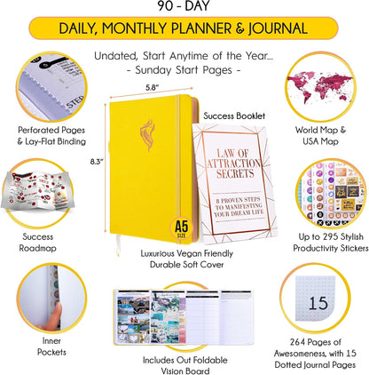 Freedom Mastery Daily Journal of Gratitude, Productivity & Habit Tracker | Undated 90-Day Planner with Daily Reflection, Mindfulness, Positivity, Vision Board & Stickers, Gratitude Journal for Women